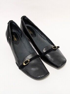 PIKOLINOS EU 40 US 9.5 Black Leather Square Toe Wedges Gold Buckle Stitched LNC